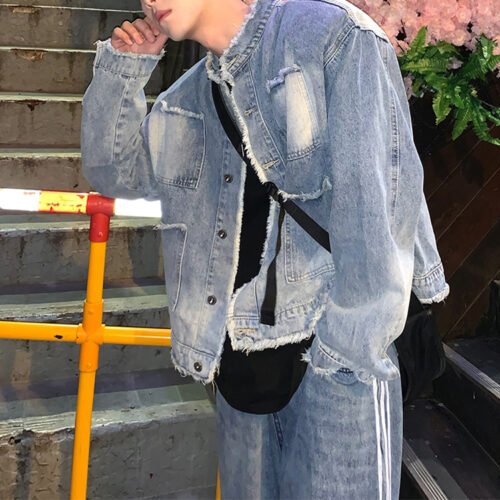 Custom Vintage-Wash Stand Collar Denim Jacket - Style 860A5C Men's vintage wash denim jacket with frayed hem