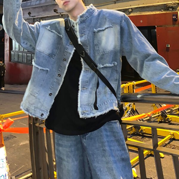 Custom Vintage-Wash Stand Collar Denim Jacket - Style 860A5C - product detail view 2