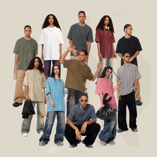 Group of people wearing vintage wash oversized t-shirts in various colors