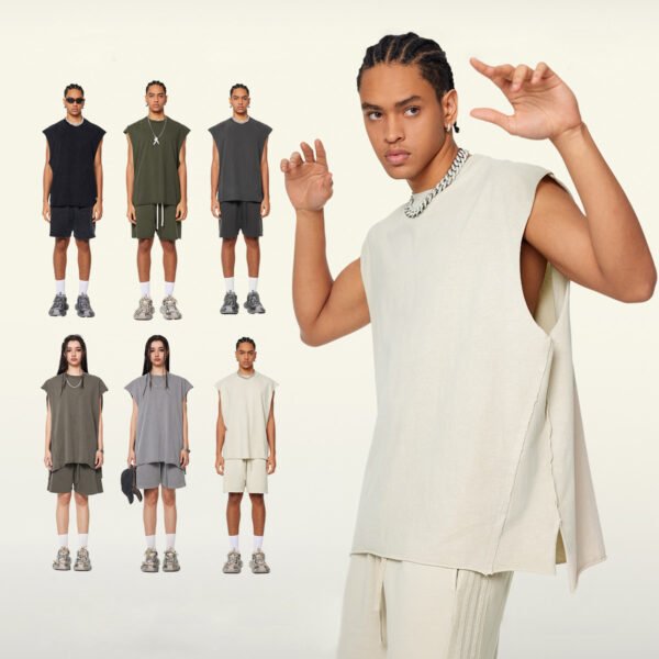 Custom Vintage-Wash Raw-Edge Tank Top - S1922 - Style A7E331 Man wearing a cream-colored raw-edge sleeveless tank top