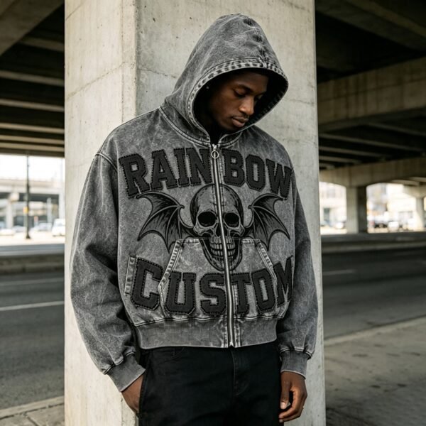 Custom Vintage-Wash Skull Applique Zip Hoodie - Style EE721E - product detail view 3 Custom Vintage-Wash Skull Applique Zip Hoodie - Style EE721E - product detail view 3