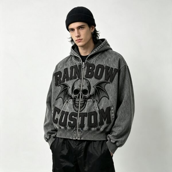 Custom Vintage-Wash Skull Applique Zip Hoodie - Style EE721E - product detail view 4 Custom Vintage-Wash Skull Applique Zip Hoodie - Style EE721E - product detail view 4