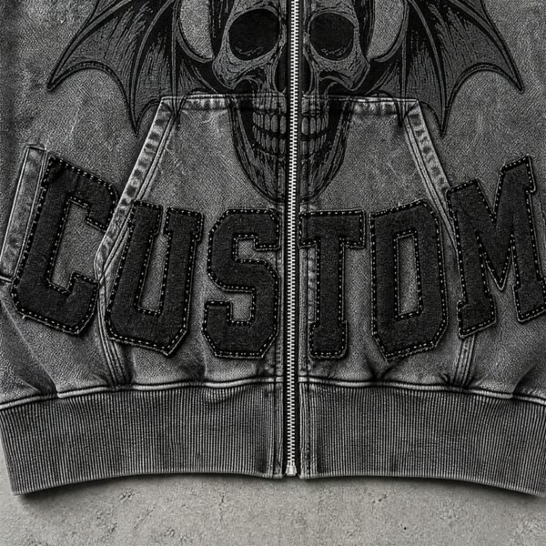 Custom Vintage-Wash Skull Applique Zip Hoodie - Style EE721E - product detail view 7 Custom Vintage-Wash Skull Applique Zip Hoodie - Style EE721E - product detail view 7
