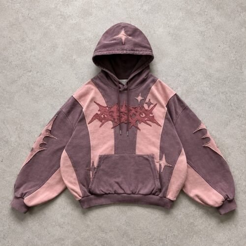 Custom Vintage-Washed Applique Color-Block Pullover Hoodie - Style 9337D1