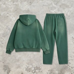 Green vintage washed hoodie and jogger set, shown from the back.