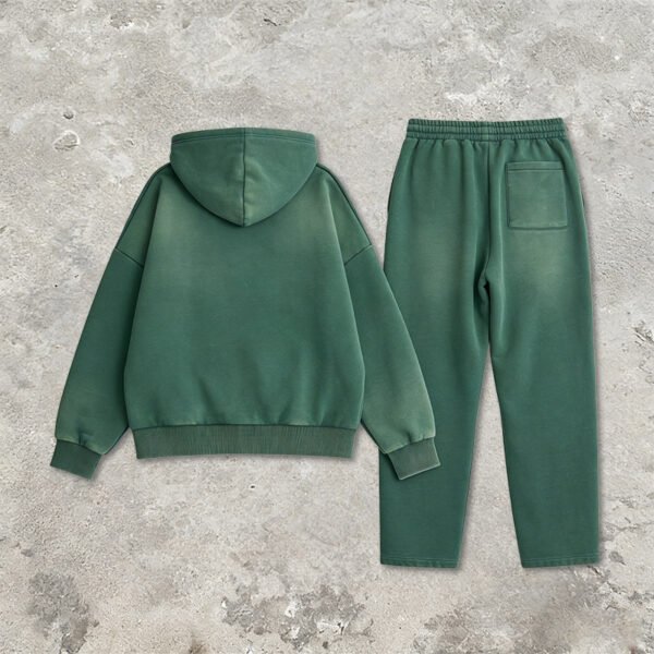 Green vintage washed hoodie and jogger set, shown from the back.