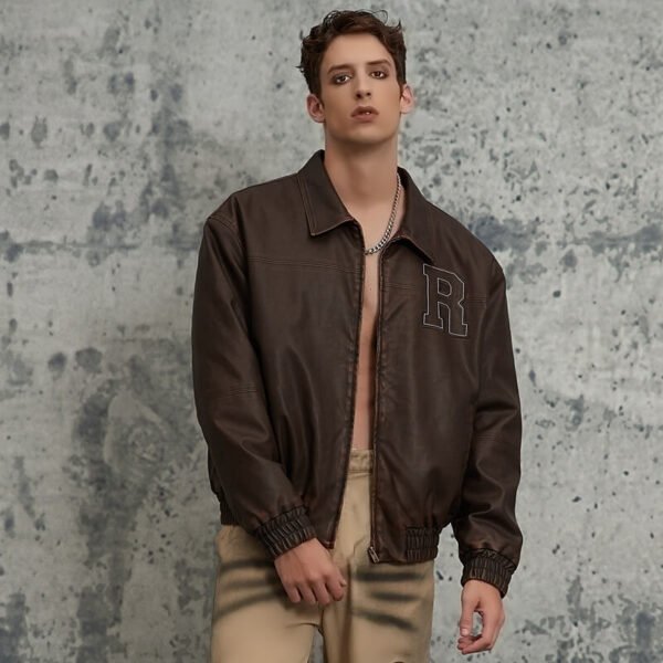 Custom Vintage Washed Letter Patch Leather-Look Jacket - Style 352F25 - product detail view 2 Custom Vintage Washed Letter Patch Leather-Look Jacket - Style 352F25 - product detail view 2