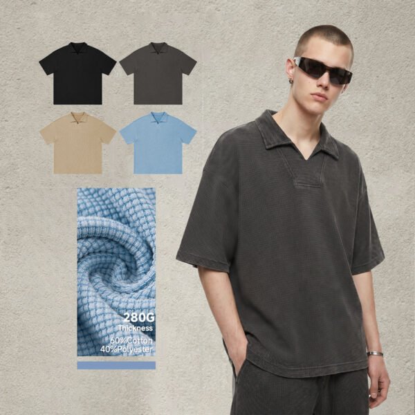 Custom Waffle Oversized V-Neck Polo T-Shirt K1185 - Style A11B61 - product detail view 2