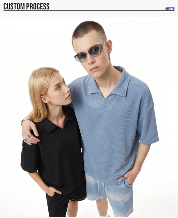 Custom Waffle Oversized V-Neck Polo T-Shirt K1185 - Style A11B61 - product detail view 11