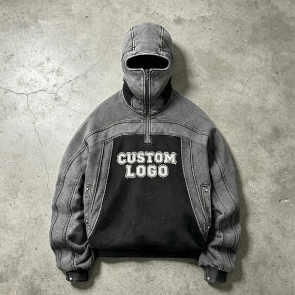 Custom Washed Balaclava Panel Hoodie - Style 0B66A6 - product detail view 2 Custom Washed Balaclava Panel Hoodie - Style 0B66A6 - product detail view 2