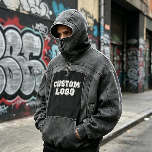 Custom Washed Balaclava Panel Hoodie - Style 0B66A6 - product detail view 3 Custom Washed Balaclava Panel Hoodie - Style 0B66A6 - product detail view 3