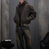 Custom Washed Oversized Bomber Jacket - Style 8C6181 Man wearing a washed oversized brown bomber jacket over a hoodie.