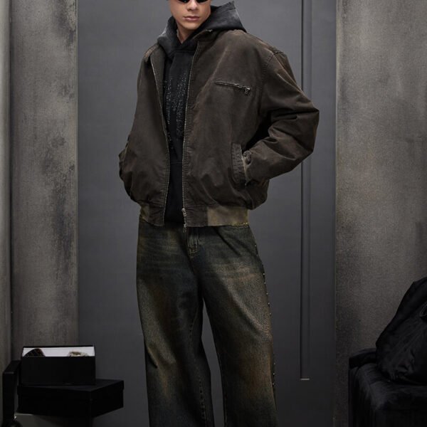Custom Washed Oversized Bomber Jacket - Style 8C6181 Man wearing a washed oversized brown bomber jacket over a hoodie.