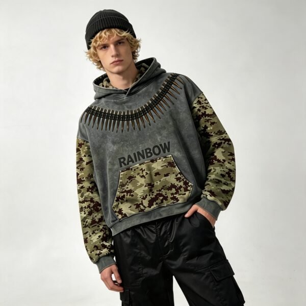 Custom Washed Camo Panel Boxy Pullover Hoodie - Style 092E94 - product detail view 3 Custom Washed Camo Panel Boxy Pullover Hoodie - Style 092E94 - product detail view 3