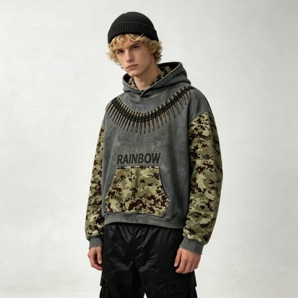 Custom Washed Camo Panel Boxy Pullover Hoodie - Style 092E94 - product detail view 4 Custom Washed Camo Panel Boxy Pullover Hoodie - Style 092E94 - product detail view 4