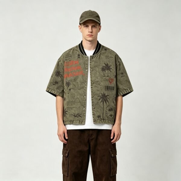 Custom Washed Palm Graphic Canvas Snap Jacket - Style 9BB832 - product detail view 5