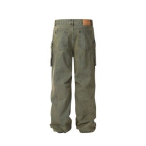 Washed green cargo denim jeans with multiple pockets