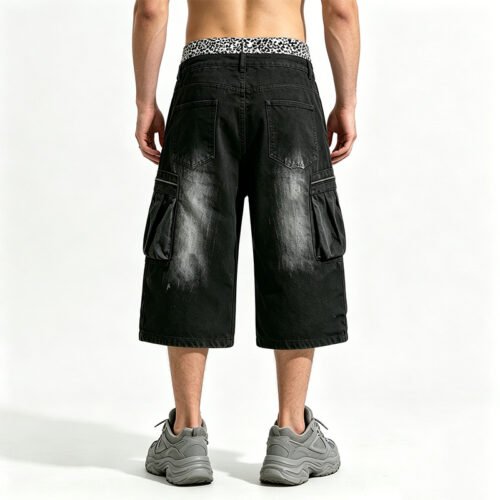 Man wearing black washed cropped cargo denim jeans
