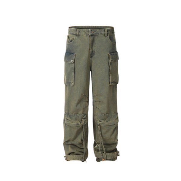 Custom Washed Multi-Pocket Cargo Pants - 8119457 - Style A9C5F9 Washed green oversized cargo pants with multiple pockets and drawstring hems.