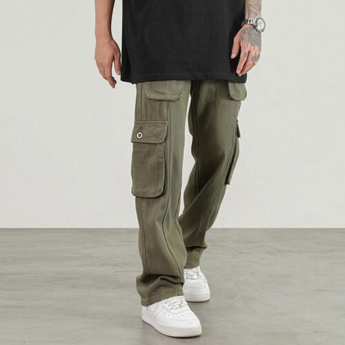 Custom Multi-Pocket Washed Cargo Pants - F3F05170 - Style F3F051 Washed green multi-pocket cargo pants with button pockets