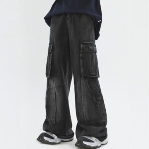 Dark wash washed cargo workwear jeans with utility pockets