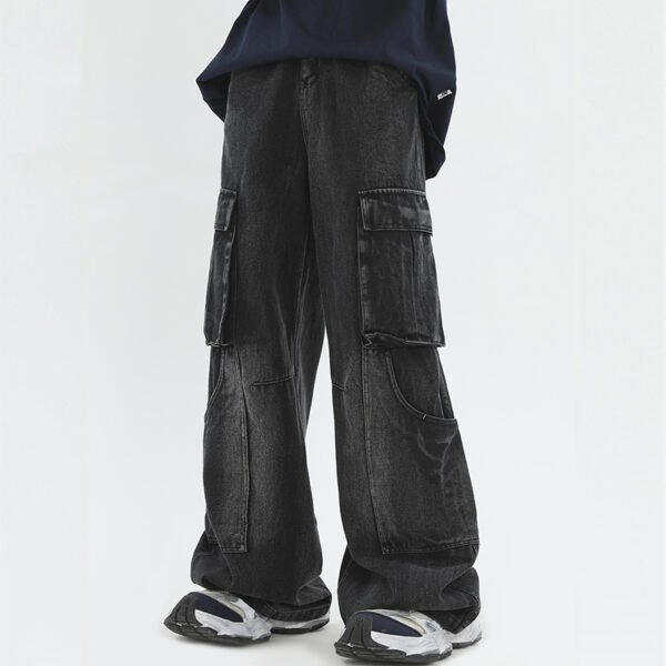 Dark wash washed cargo workwear jeans with utility pockets