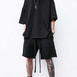 Black washed loose-fit street shorts with drawcord