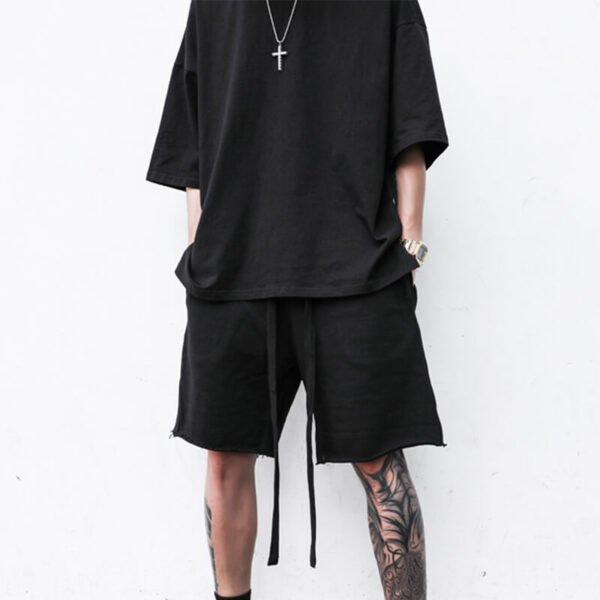 Custom Washed Loose-Fit Drawcord Street Shorts - Style D6AD39 Black washed loose-fit street shorts with drawcord
