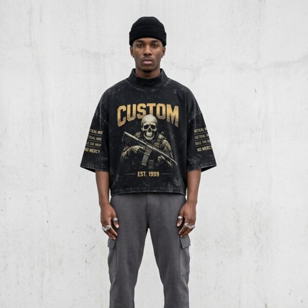 Custom Washed Cropped Mock-Neck Graphic Tee - A10B6115B5630EC5 - Style A10B61 - product detail view 3 Custom Washed Cropped Mock-Neck Graphic Tee - A10B6115B5630EC5 - Style A10B61 - product detail view 3