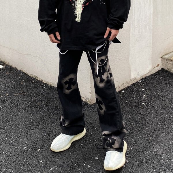 Custom Washed Cross Graphic Straight-Leg Jeans - Style 51438A Black washed straight-leg jeans with a distressed cross graphic pattern.