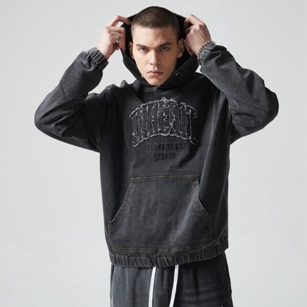 Custom Washed Denim Applique Hoodie - Style 4C255D - product detail view 4
