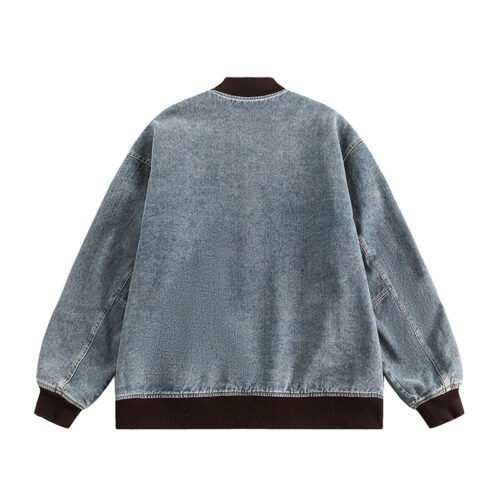 Custom Washed Denim Bomber Jacket - Style 587007 Washed denim bomber jacket with brown collar, cuffs, and hem