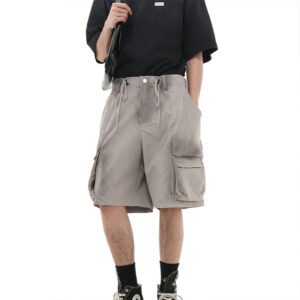 Grey washed denim cargo shorts with drawstring waist and pockets