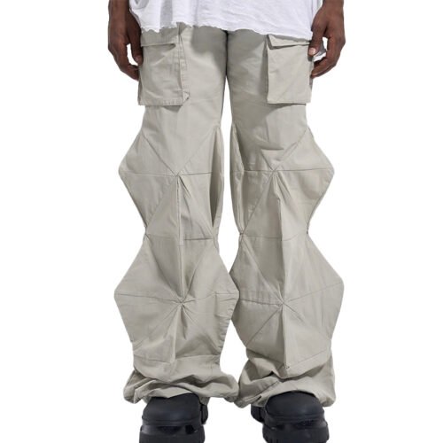Beige articulated cargo pants with unique lantern-shaped legs