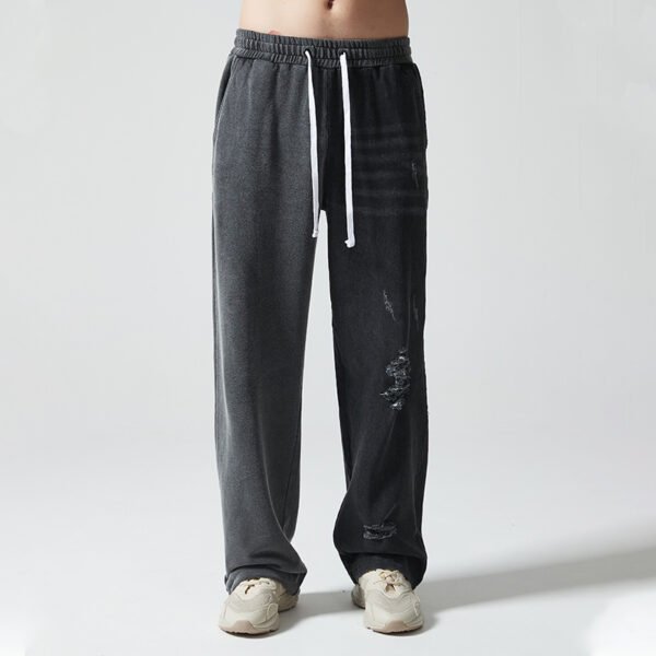 Custom Washed Loose-Fit Denim Sweatpants VW-DJ01 - Style 0A9E5A Man wearing two-tone black and grey distressed denim sweatpants