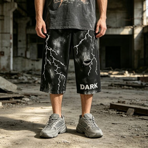 Custom Washed Distressed Graphic Denim Shorts - Style A9DC17 - product detail view 2 Custom Washed Distressed Graphic Denim Shorts - Style A9DC17 - product detail view 2