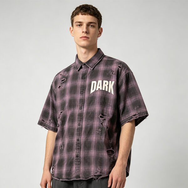 Custom Washed Distressed Plaid Short Sleeve Shirt - Style 13117B - product detail view 4 Custom Washed Distressed Plaid Short Sleeve Shirt - Style 13117B - product detail view 4
