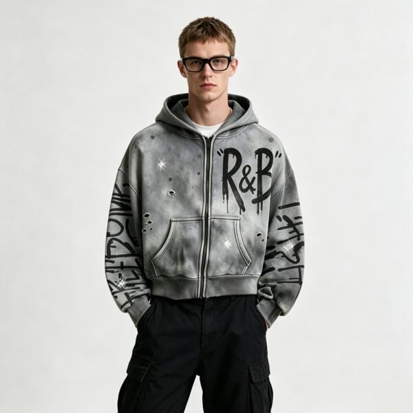 Custom Washed Graffiti Distressed Cropped Zip Hoodie - ED0102B3A1FC1E7C - Style ED0102
