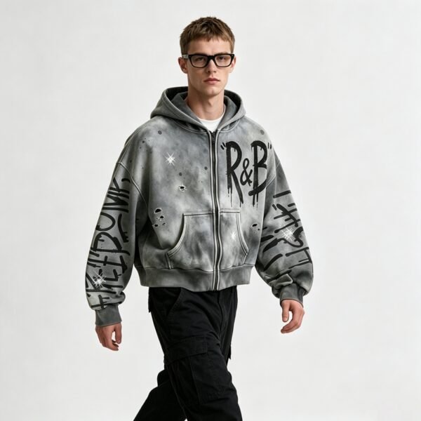 Custom Washed Graffiti Distressed Cropped Zip Hoodie - ED0102B3A1FC1E7C - Style ED0102 - product detail view 4