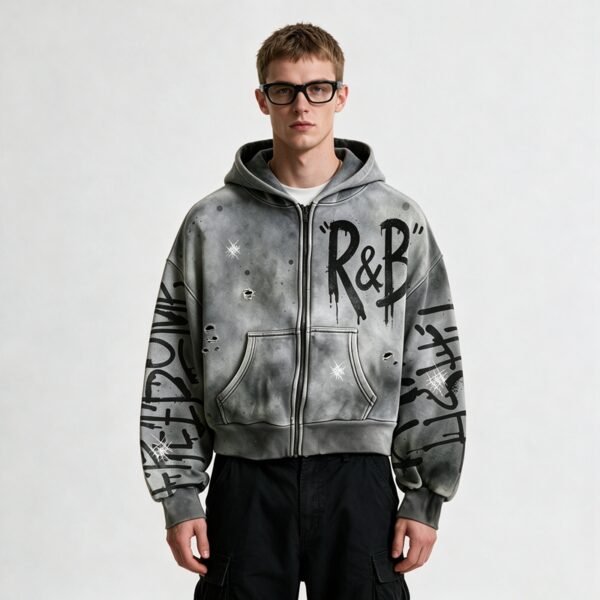 Custom Washed Graffiti Distressed Cropped Zip Hoodie - ED0102B3A1FC1E7C - Style ED0102 - product detail view 5