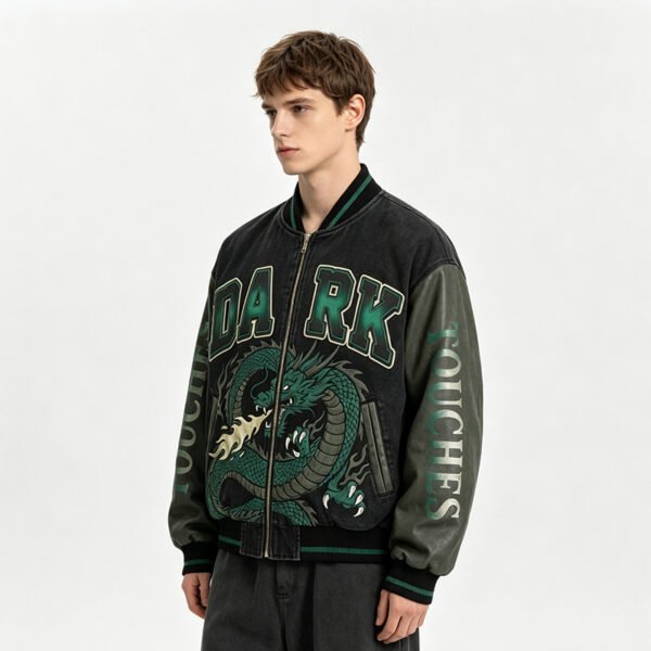 Custom Washed Dragon Patchwork Varsity Jacket - Style AA1792 - product detail view 2 Custom Washed Dragon Patchwork Varsity Jacket - Style AA1792 - product detail view 2