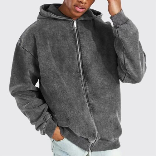 Custom Washed Drop-Shoulder Zip Hoodie Jacket - Style 91A7DD Washed gray zip-up hoodie jacket with a casual oversized fit.