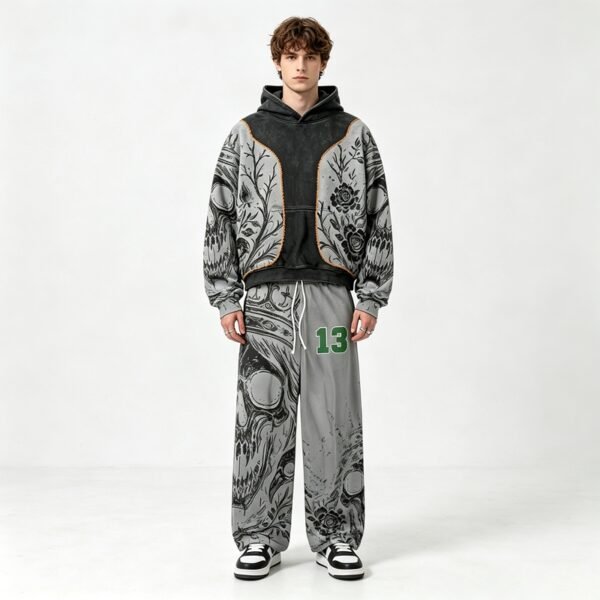 Custom washed graphic hoodie and sweatpant set with skull design
