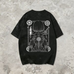 Black washed oversized kids t-shirt with a detailed robot and gears graphic.