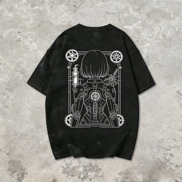 Custom Washed Robot Graphic Oversized Kids Tee - Style F313B4 Black washed oversized kids t-shirt with a detailed robot and gears graphic.