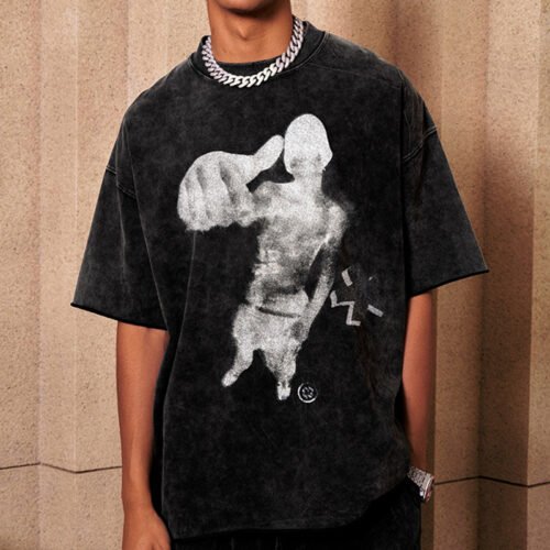 Custom Washed Graphic Oversized T-Shirt | - Style C0C6E9 Black washed oversized t-shirt with a white graphic of a figure