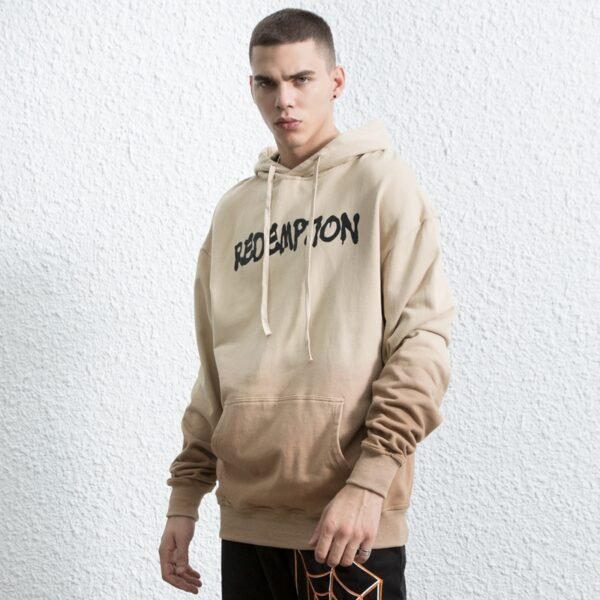 Custom Washed Graphic Pullover Hoodie - Style 3E8DC0 Man wearing a tan ombre graphic print hoodie