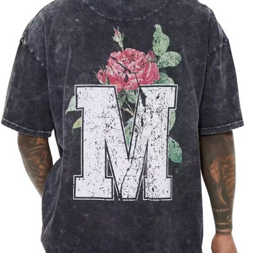 Custom Washed Oversized Floral Letter Graphic T-Shirt - Style 72423E