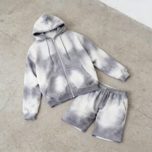 Grey and white tie-dye washed zip hoodie and matching shorts set.
