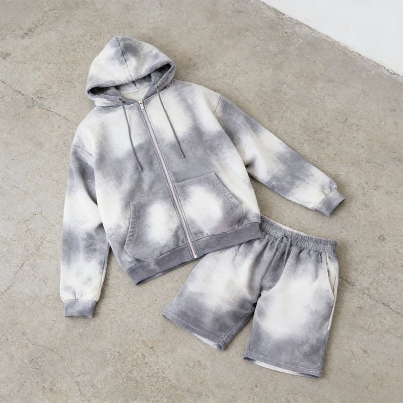 Grey and white tie-dye washed zip hoodie and matching shorts set.